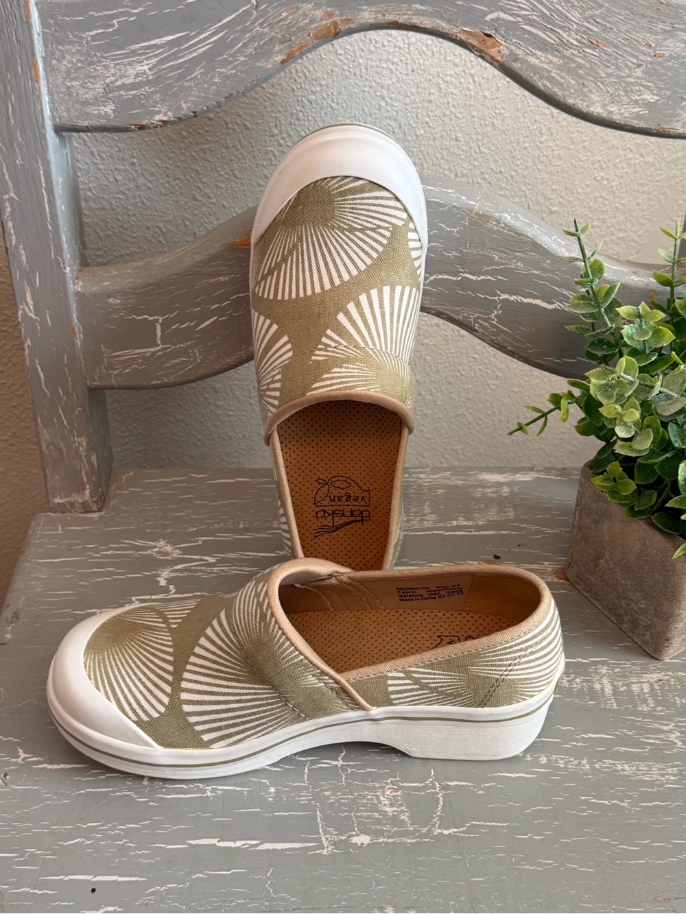 Dansko Olive Green and White Patterned Slip-On Clogs